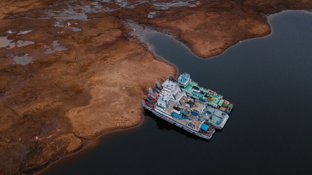drone shot of three vessels on volga river
