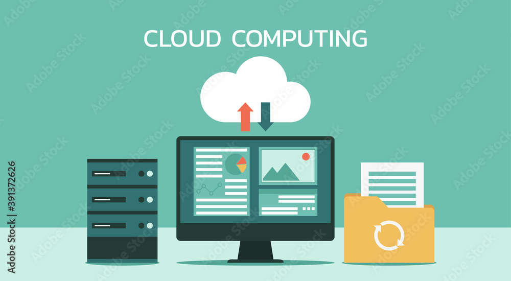 Poster cloud computing technology network with computer, online devices upload, download information, data 
