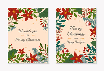 Set of Christmas and Happy New Year greeting cards templates.Modern vector layouts with hand drawn traditional winter holiday symbols.Xmas trendy designs for banners,invitations,prints,social media.