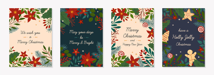 Bundle of Christmas and Happy New Year greeting cards templates.Modern vector layouts with hand drawn traditional winter holiday symbols.Xmas trendy designs for banners,invitations,prints,social media