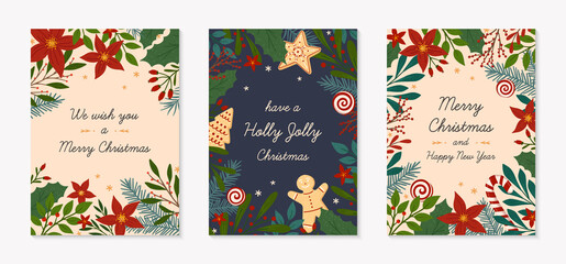 Set of Christmas and Happy New Year greeting cards templates.Modern vector layouts with hand drawn traditional winter holiday symbols.Xmas trendy designs for banners,invitations,prints,social media.