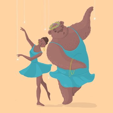 Girl and a bear dancing