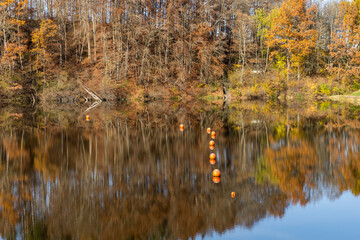 Autumn leaves are reflected in the water of the Windach reservoir in Bavaria