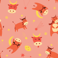 Fototapeta premium Bull horns moon flat vector seamless pattern. Funny repeat animal on pink background. Sleeping cow, calf, stars texture. New year sign 2021. Baby hand drawn design for fabric, textile, wrapper, print