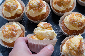 cupcakes on a black background with icing sugar 