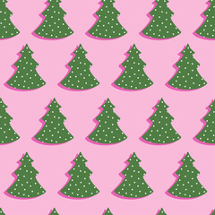Christmas trees cartoon vector seamless pattern. Green fir xmas tree on pink background. Winter texture with cartoon color icons. New year print. Trendy hand drawn textures for winter holidays