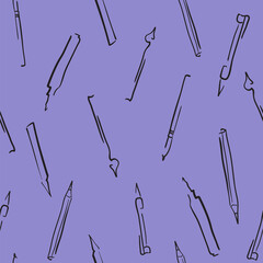 Writing tools on a lilac background. Seamless vector pattern