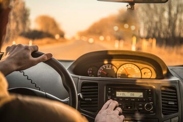 Man hand driving a car at sunset evening sky light Autumn Road between trees forest Male sit inside...