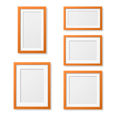 Vector 3D Reaistic Wooden or Plastic Simple Modern Minimalistic Orange Picture Frame Set Isolated on White Background. Design Template for Mockup, Presentations, Art Projects and Photos
