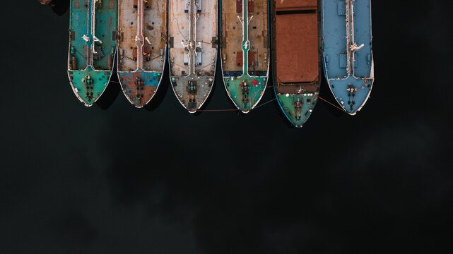 Parked ships in the port - close-up of the nose part
