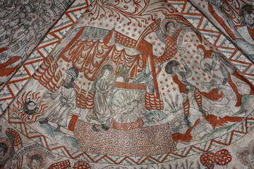 Christmas in the stable with Joseph, Mary and the newborn boychild, an ancient fresco