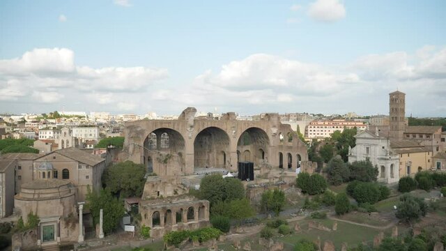 view of Roman Forum,Basilica Maxentius and medieval church from the Palatine Hill.Rome, Italy.