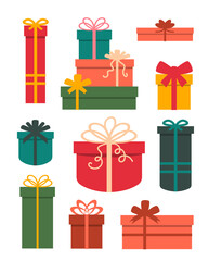 Set of different gift boxes with bows. flat vector illustration