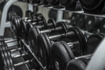 Sport Background of Rack of dumbbells in health club  Shelf with metal on gym studio room backdrop...