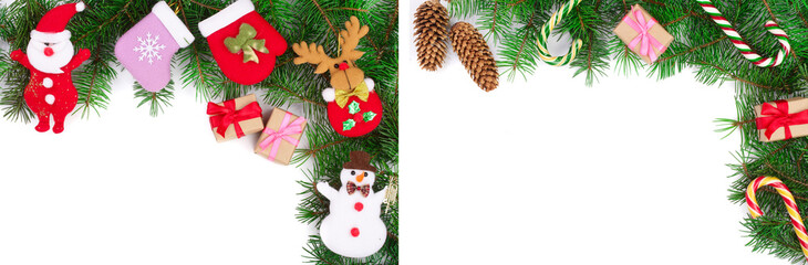 Christmas frame decorated isolated on white background with copy space for your text. Top view.