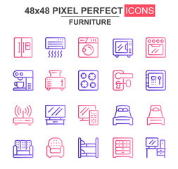 Furniture thin line icon set. Refrigerator, coffee maker, toaster, oven, safe, router, air conditioner unique icons. Outline vector bundle for UI UX design. 48x48 pixel perfect linear pictogram pack.