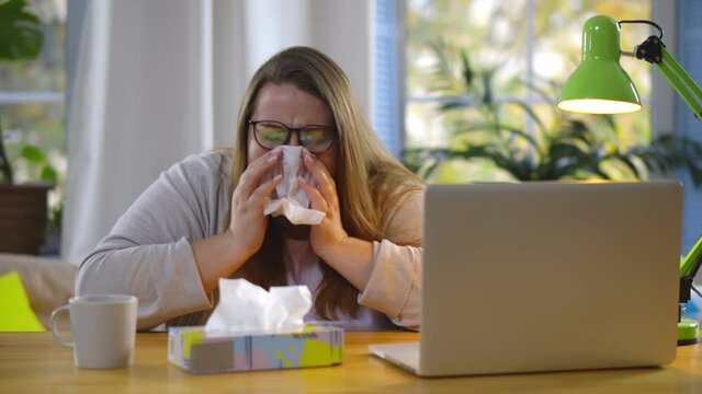 Obese woman working from home feeling sick and sneezing in tissue