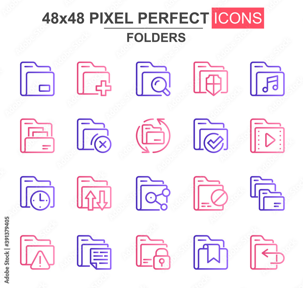 Poster folders thin line icon set. add, delete, archive, media sources, security, search, lock, transfer, c