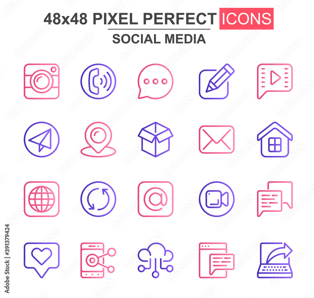 Poster social media thin line icon set. message, call, chat, email, smartphone, pinpointer, like, camera, b