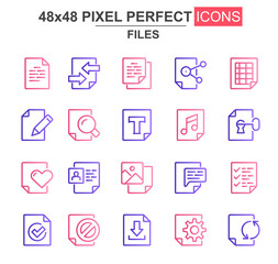 Files thin line icon set. Document lock, edit, delete, processing, search, preferences, media content unique icons. Outline vector bundle for UI UX design. 48x48 pixel perfect linear pictogram pack.