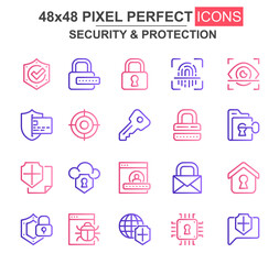Security and protection thin line icon set. Password, key, padlock, fingerprint, firewall, bug, shield unique icons. Outline vector bundle for UI UX design. 48x48 pixel perfect linear pictogram pack.