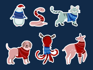 Cute animals in winter clothes. New year's animals. Vector illustration. New year's Set