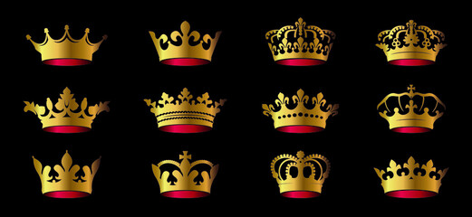 HERALDIC CROWN COLLECTION. Big set of icons. Vector graphic. Gold.