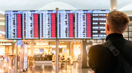 Businessman traveller passenger look at red cancelled airline flight travel schedule due to coronavirus pandemic for safe hygiene protect new normal rule in empty airport terminal