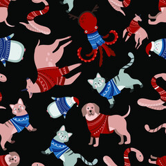 Cute animals in winter clothes. New year's animals. Vector illustration. New year's Seamless pattern