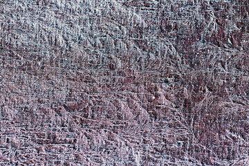 Background of the wooden surface at morning with first hoarfrost of winter beginning. Top View.