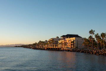 View of Loreto boardwalk and bay area at sunrise