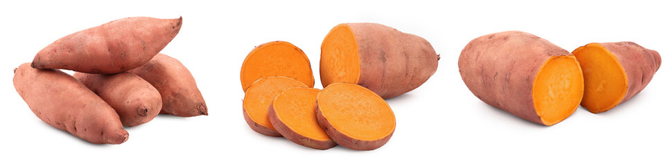 Sweet potato isolated on white background closeup, Set or collection