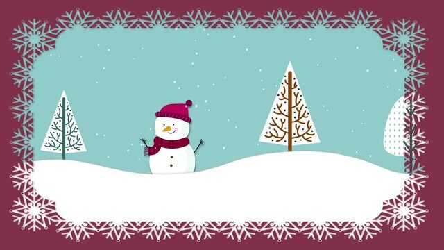 Animation of winter scenery with happy snowman and trees with red christmas pattern frame