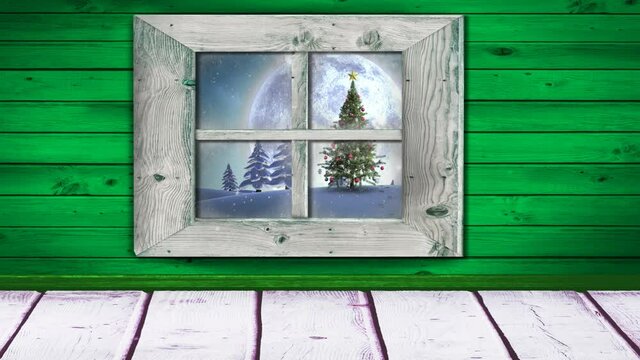 Animation of winter christmas scenery with snow falling and full moon seen through window