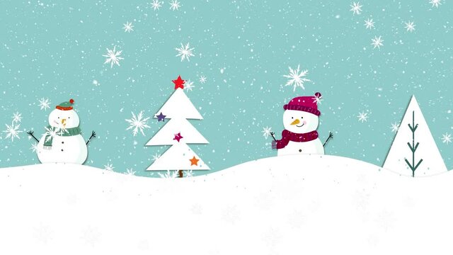 Animation of winter scenery with two happy snowmen and christmas trees on blue background