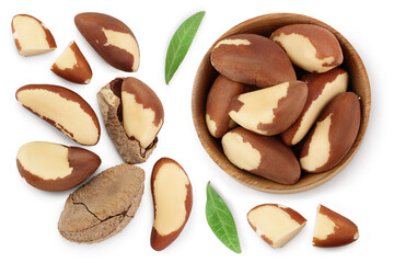 Brasil nuts isolated on white background with clipping path and full depth of field. Top view with copy space for your text. Flat lay