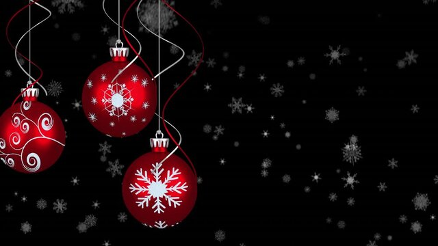 Animation of three red baubles christmas decoration with snow falling on black background