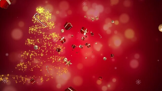 Animation of christmas tree, candy canes and presents flying on red background.
