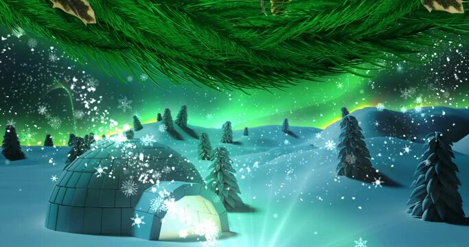 Digital animation of christmas wreath decoration against snow falling over igloo on winter landscape