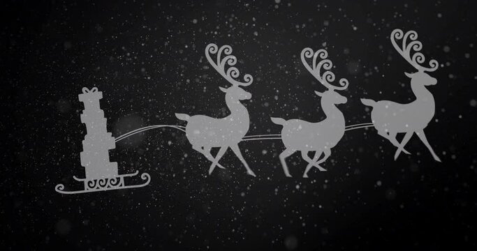 Digital animation of snow falling over silhouette of christmas gifts in sleigh