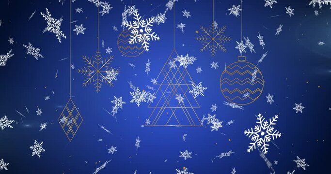 Animation of christmas decorations hanging and snow falling on blue background