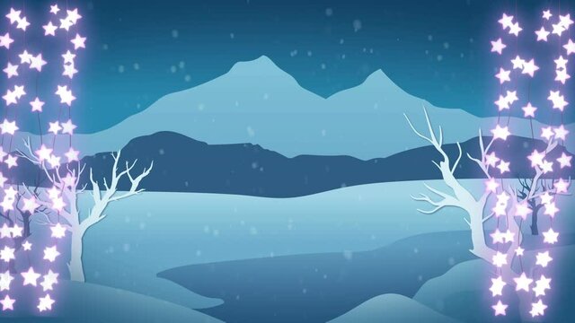 Animation of christmas glowing strings of fairy lights with winter scenery and snow falling
