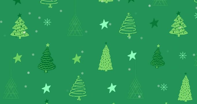 Animation of christmas trees and stars twinkling with snow falling on green background