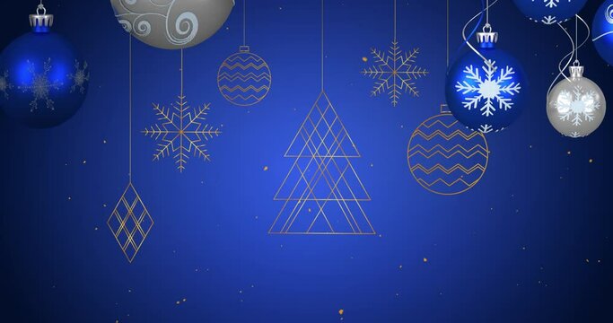 Animation of christmas blue and silver baubles and decorations hanging with snow falling