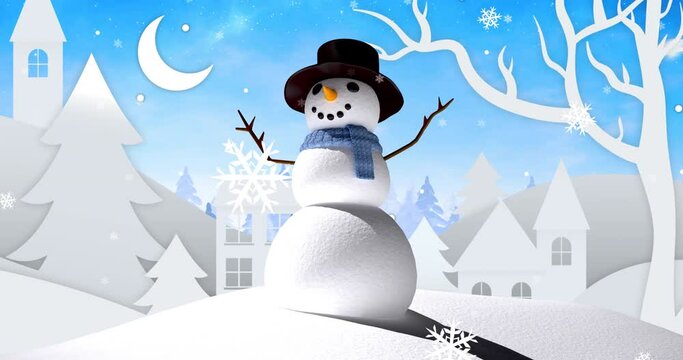 Animation of winter scenery with happy snowman