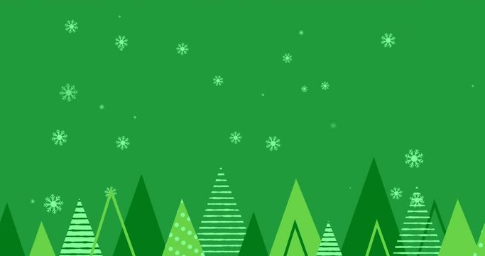 Animation of christmas trees and snowflakes falling on green background