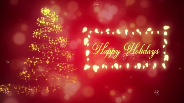 Animation of happy holidays text with fairy lights frame and christmas tree on red background