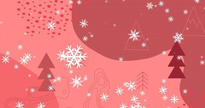 Animation of christmas trees and snowflakes falling on patterned red background