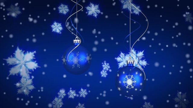 Animation of blue christmas baubles decoration and snowflakes falling on blue background
