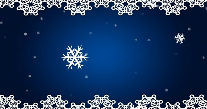 Animation of white christmas decoration and snowflakes falling on blue background